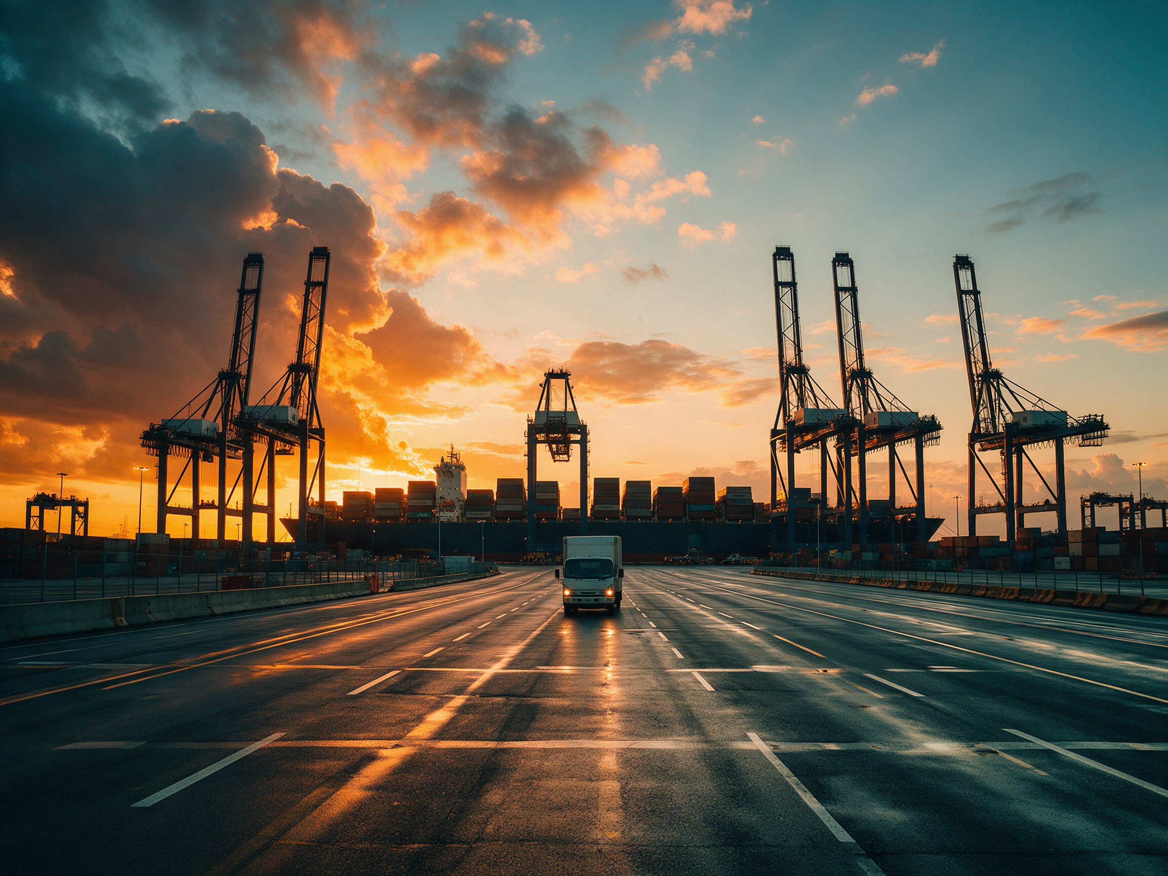 Container port at sunset
