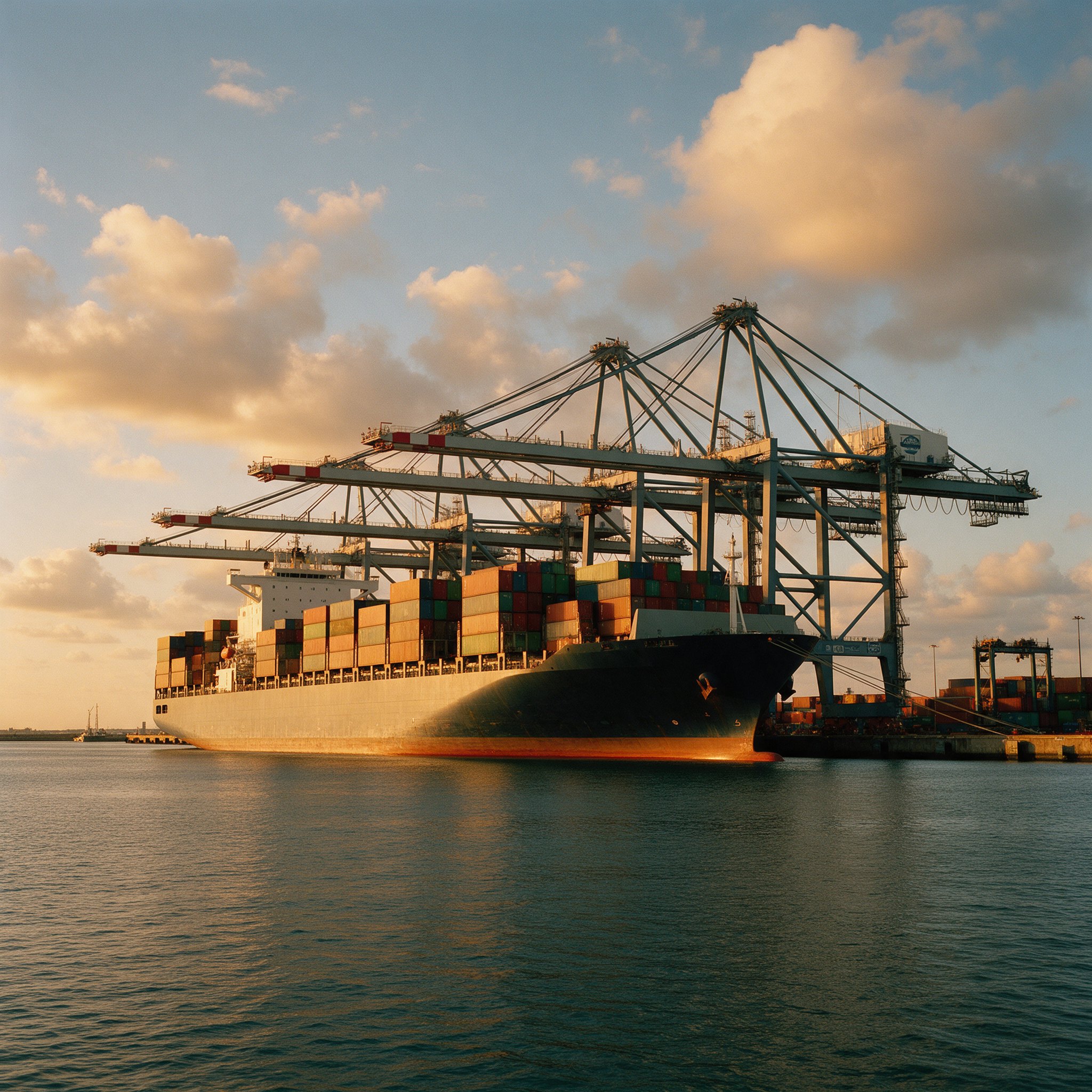 Container ship berthed under gantry cranes at sunset