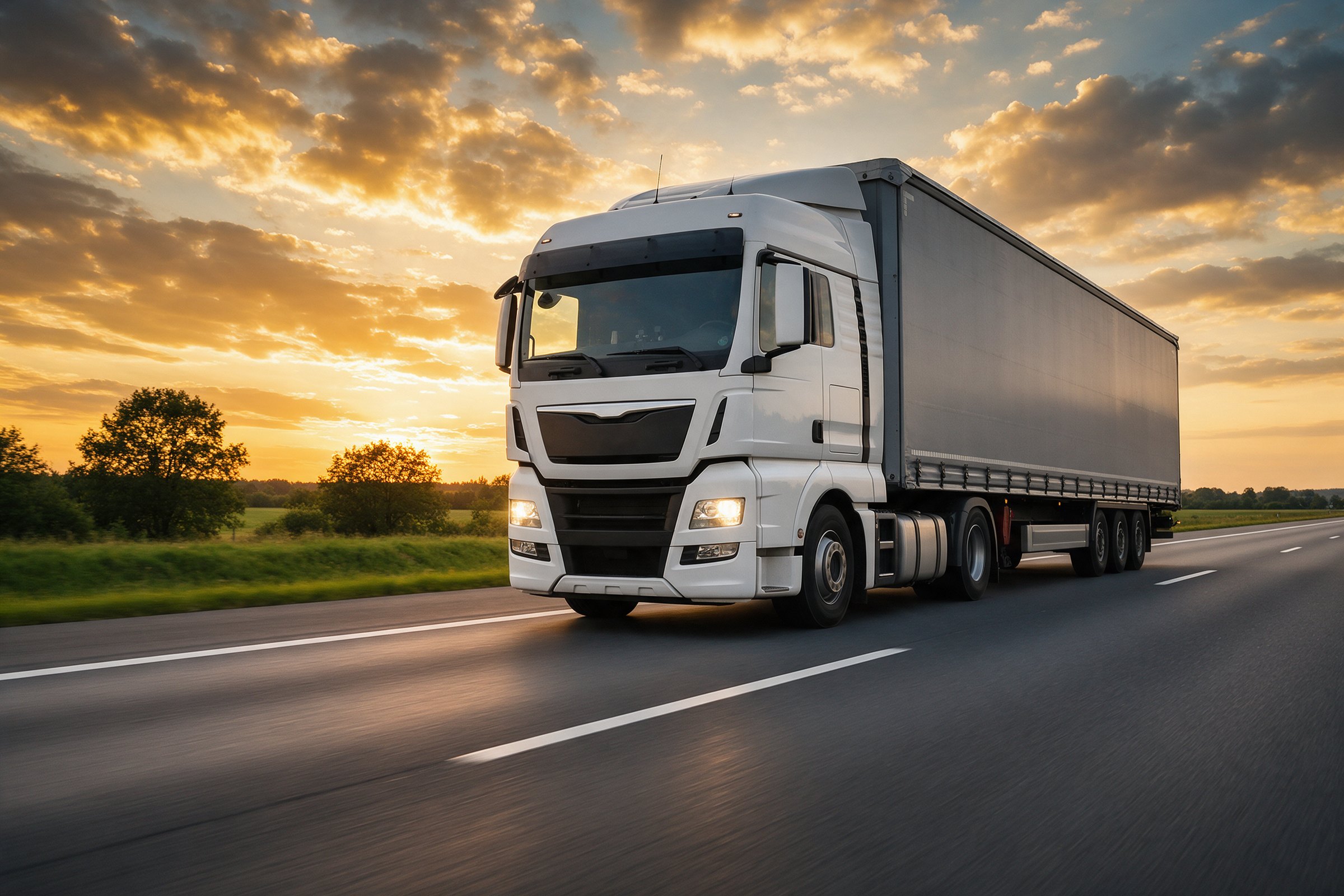 Softara road freight truck on the highway at sunset