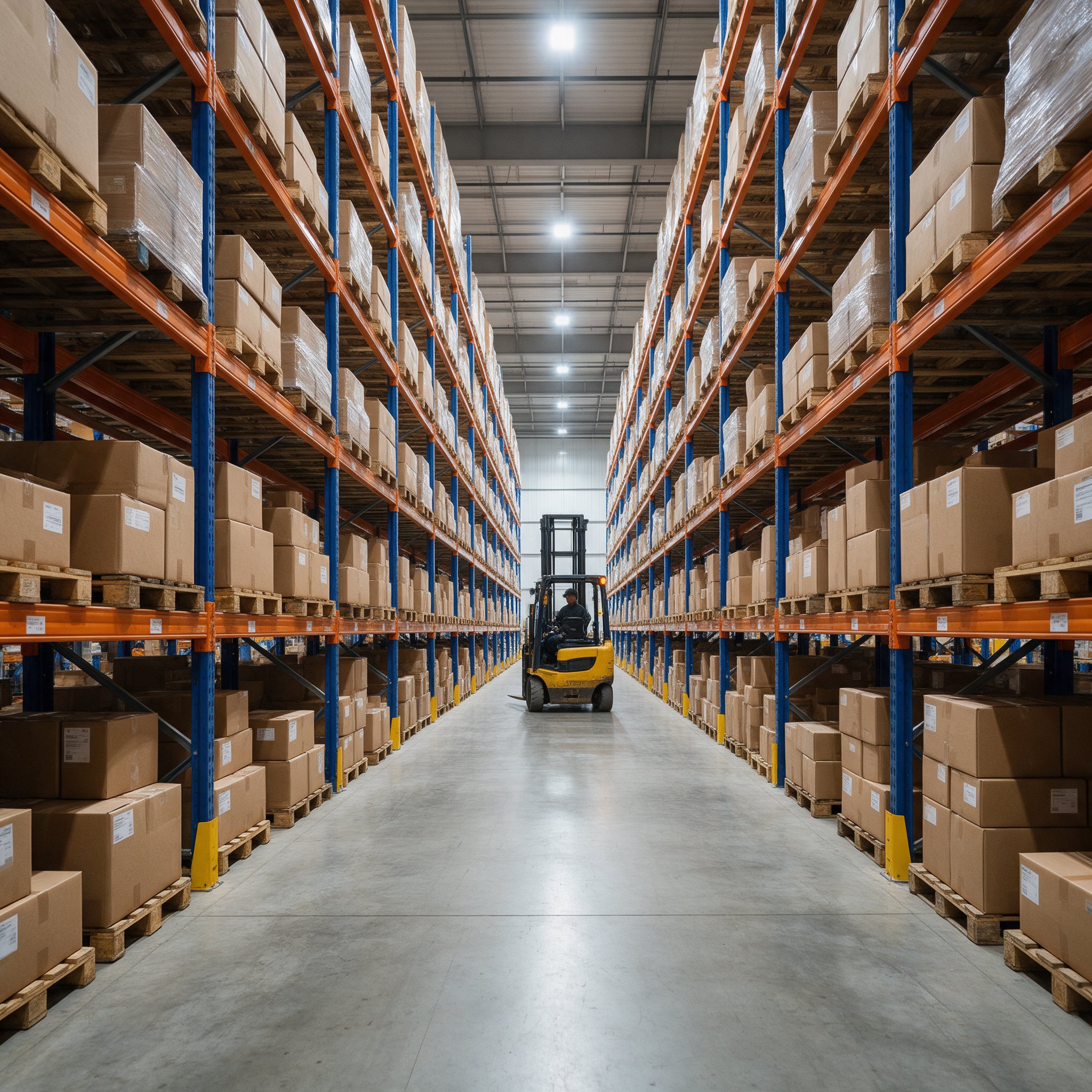 Forklift in a high-bay warehouse aisle